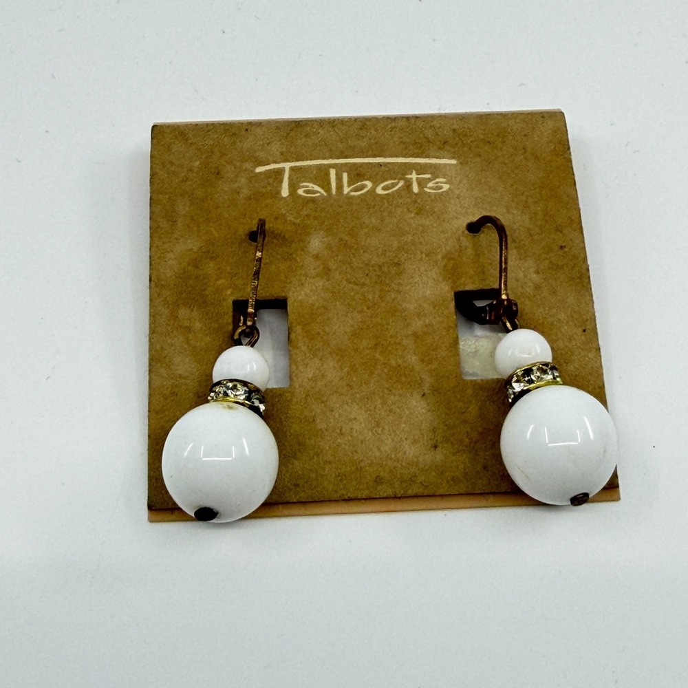 Talbots White Bead Drop Earrings Crystal Accents Gold Tone Boho Statement Y2K